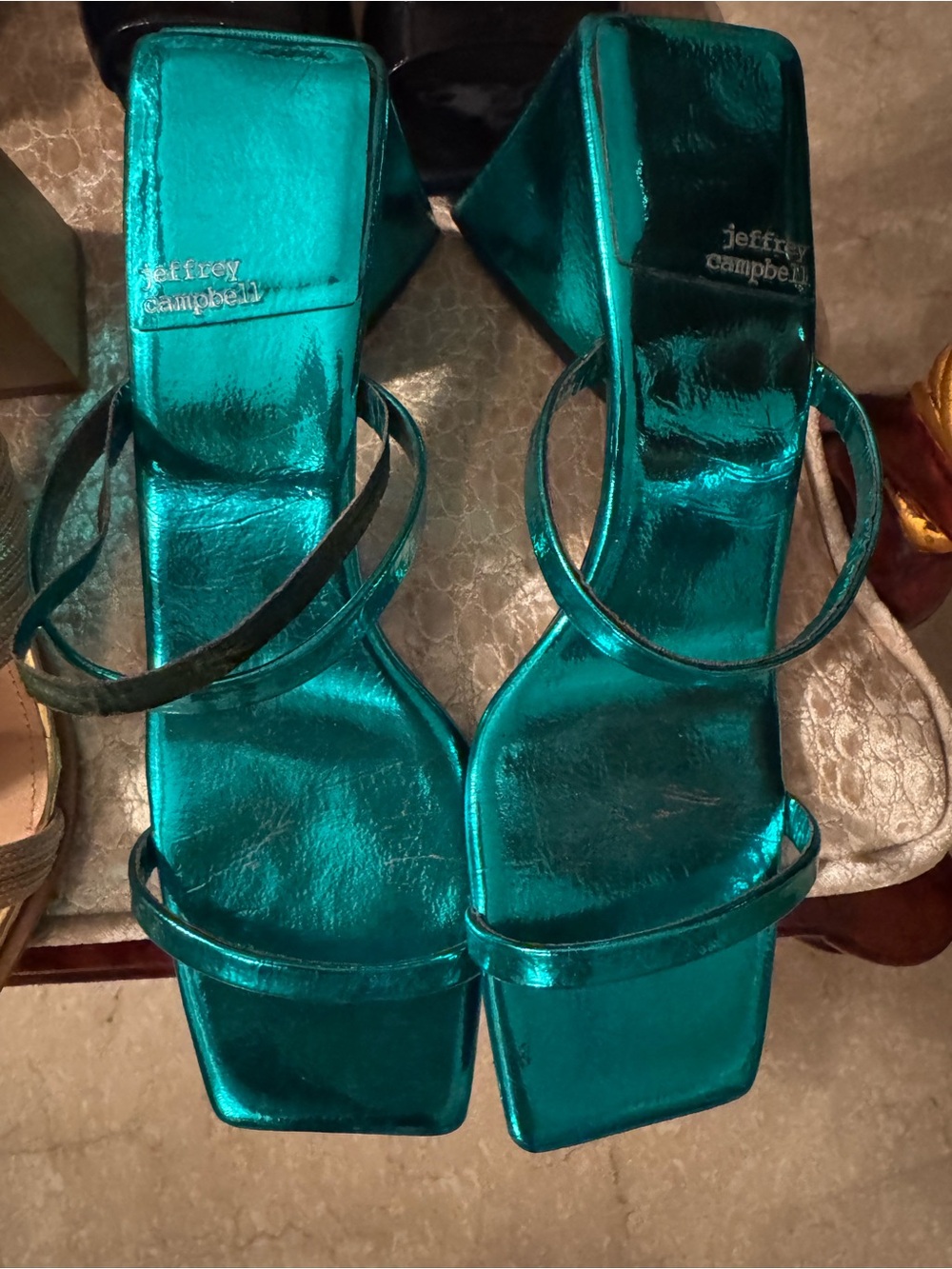 Jeffrey Campbell Metallic Teal Strappy Block Heel Sandals